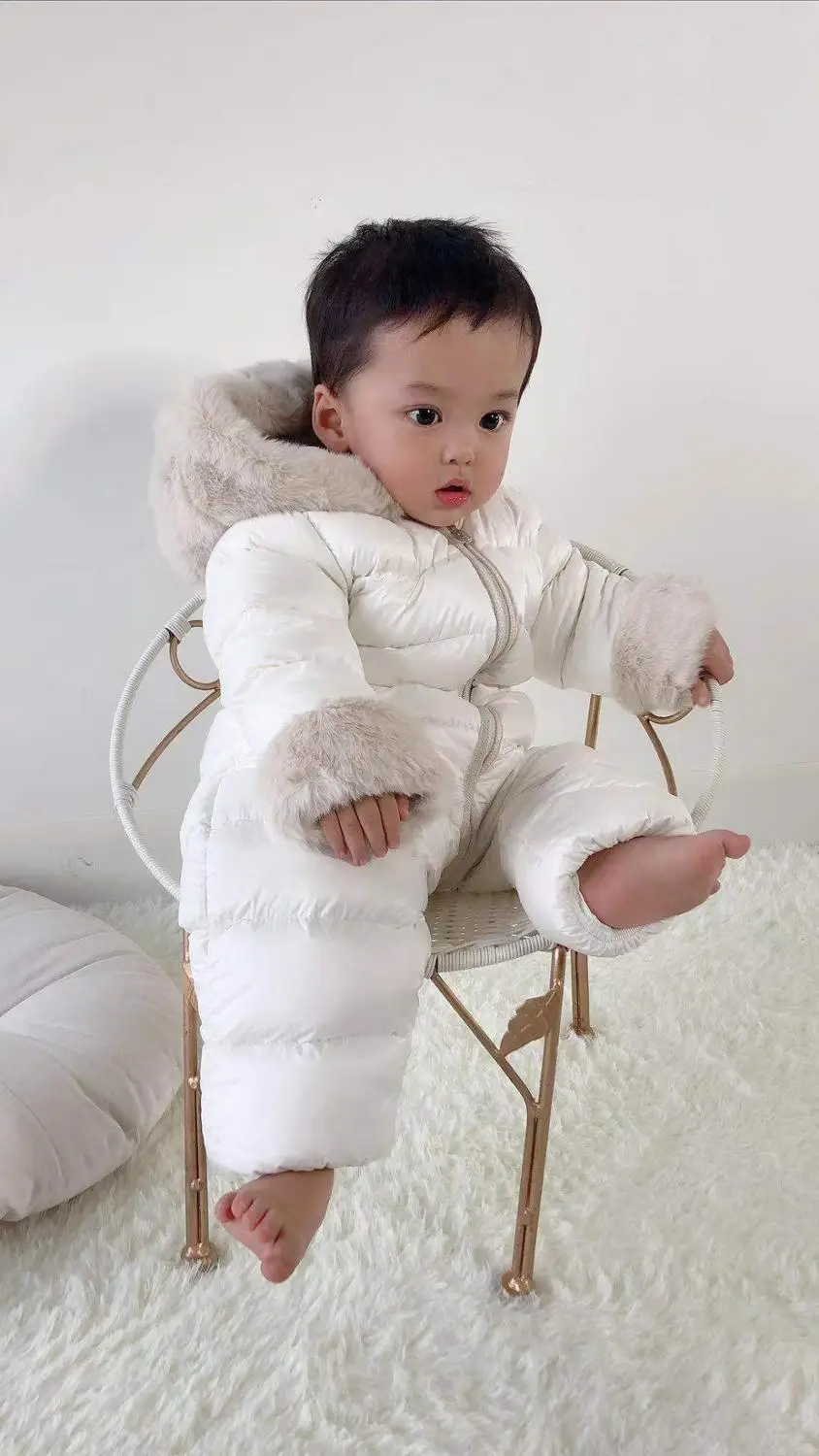 

fur hooded 2019 Winter Jacket child jackets children jumpsuit snow suit girl white limbing down romper suits outerwear