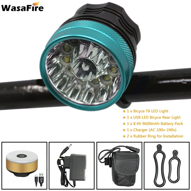 blue gold taillight WasaFire 13* XML-T6 светодиодный велосипедный спорт Велоспорт Передний светильник 18650 Батарея велосипедный головной светильник фонарь вспышка светильник+ Возможность зарядки при помощи разъема USB, задний хвост светильник s - Цвет: blue gold taillight