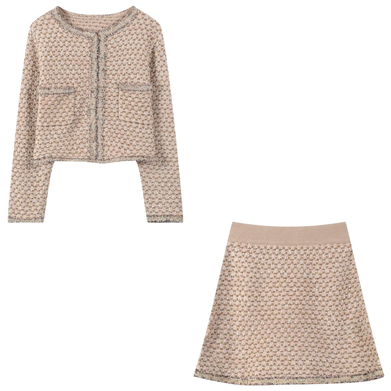 

2 Pieces Set Slim Fit Women Suit Shiny Knitted Beading Sets Short Pockets Cardigan Mini Skirt Sets Autumn Winter High Quality
