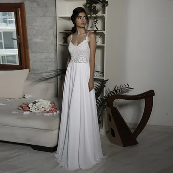 

Sexy Spaghetti Straps Sleeveless Bridal Gowns Cheap Lace Applique Backless Chiffon Beach Wedding Dress Vestidos De Noiva