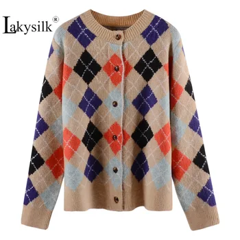

Vintage 2019 New Design Diamond Plaid Cardigan Sweaters Women O-Neck Winter Thick Warm Single Breasted Coats Ladies Camel Grey