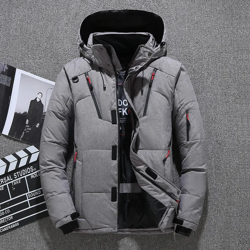 Высококачественная зимняя мужская куртка с капюшоном, Толстая теплая парка на утином пуху, повседневная мужская куртка с большим количеством карманов размера плюс 5XL - Цвет: gray