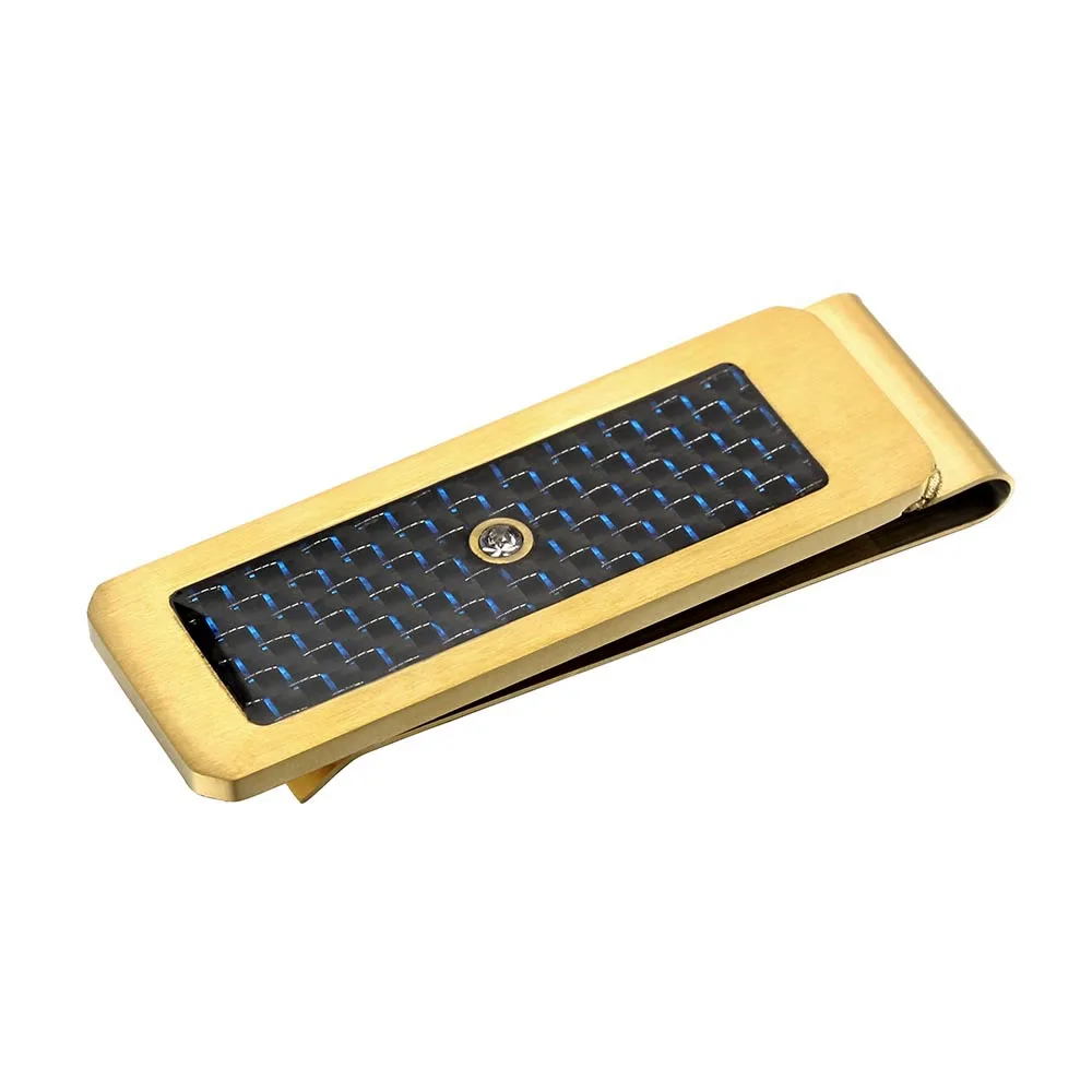 

Blue With Black Carbon Fiber Drill Crystal Stainless Steel Golden Money Clip Cash Clip