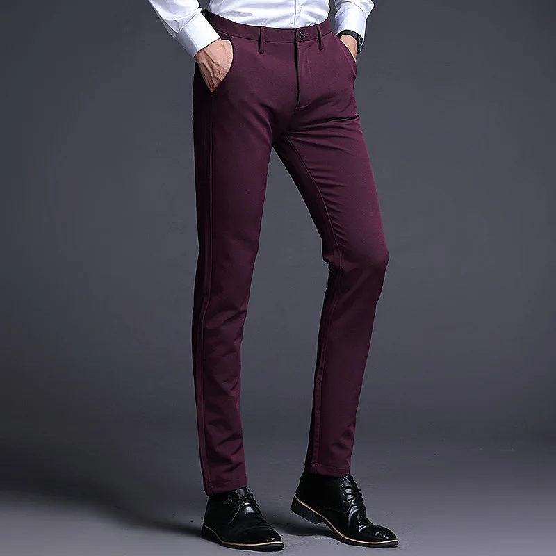 Корейские весенне-осенние мужские деловые повседневные брюки классические модные узкие брюки-скинни стрейч мужские брюки винно-красного