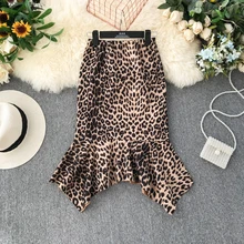 Новая женская прямая тонкая стильная Асимметричная летняя юбка леопардовой расцветки, модная Асимметричная корейская модная юбка с высокой талией