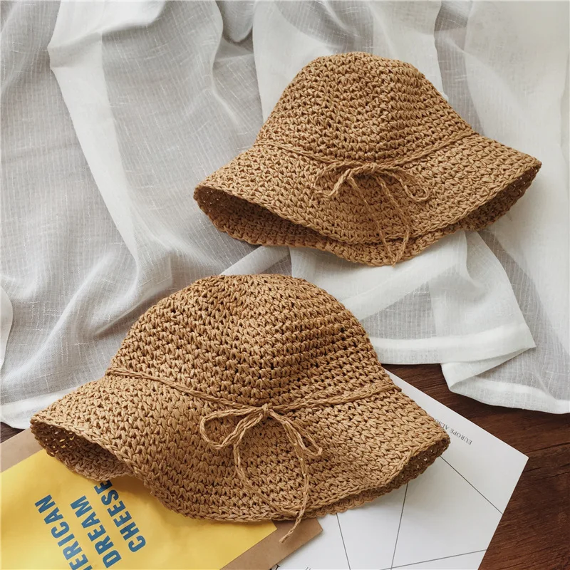 

South Korea CHILDREN'S Straw Hat Girls College Style Beach Hat Sun-resistant Fisherman Hat Spring And Summer Seaside Hand-woven