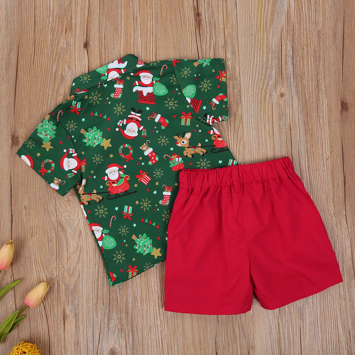 New 0-6 Years Baby Boy Christmas Clothes Set Kids Short Sleeve Print Shirts Toddler Red Shorts Gentalmen Suit Kid Santa Outfit
