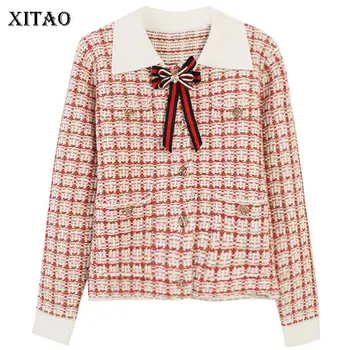 

XITAO Two Pieces Set Bow Knitted Plaid Hit Color Single Breast Top Women Elastic Waist Autumn Elegant Small Fresh Skirt WLD2891