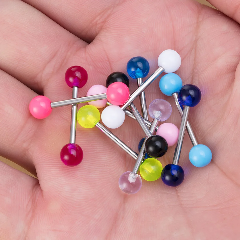 Tongue Rings 10PCS Colorful Acrylic Ball 14g Surgical Steel Straight for Women Body Piercing Jewelry