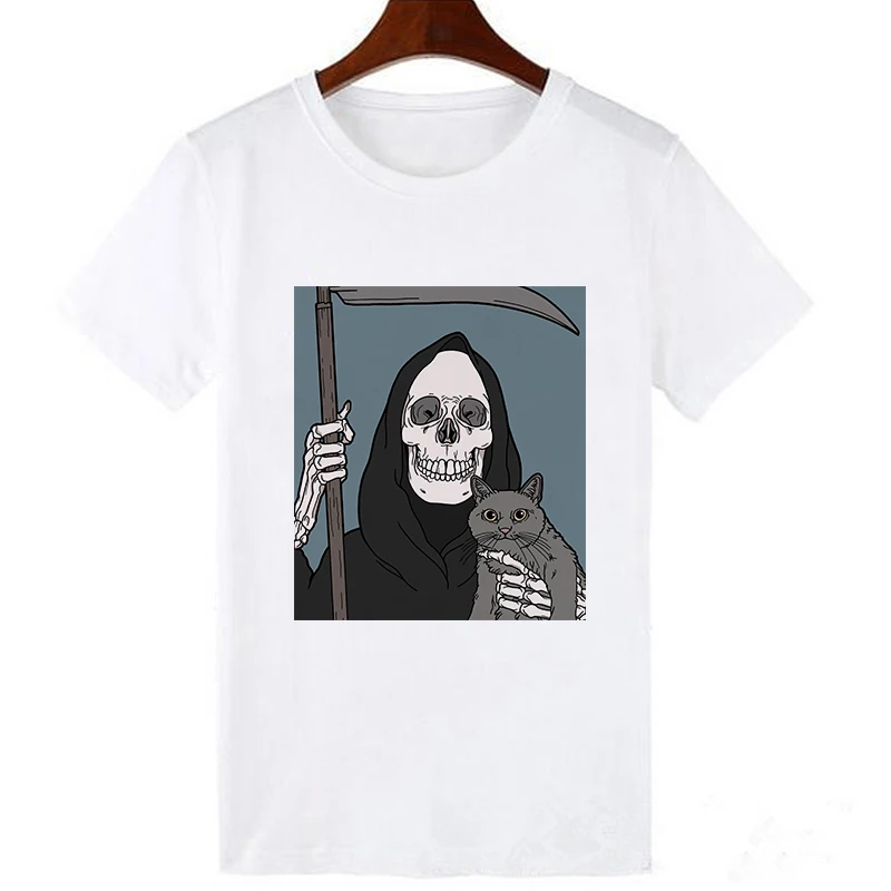 

2020 Skull and Cute Cat Women T Shirt Harajuku Female Gothic Short Sleeve kawaii Casaul Oversize Tee Tops