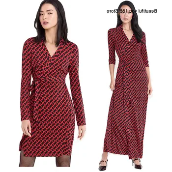 

and 2020 spring summer new dress women's red chain printed waist lace-up long-sleeved knitted long-length elegant wrap skirt