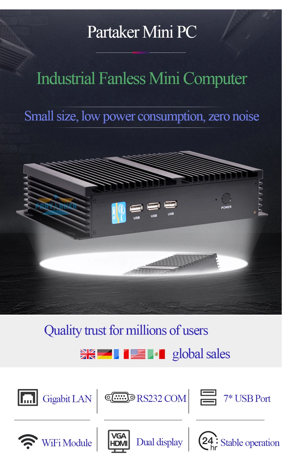 Partaker I3 Intel Core i5 8250U Industrial Mini PC Windows 10 i3 Mini PC ITX Aluminum Rugged Fanless Micro Computer 2 RS232 COM