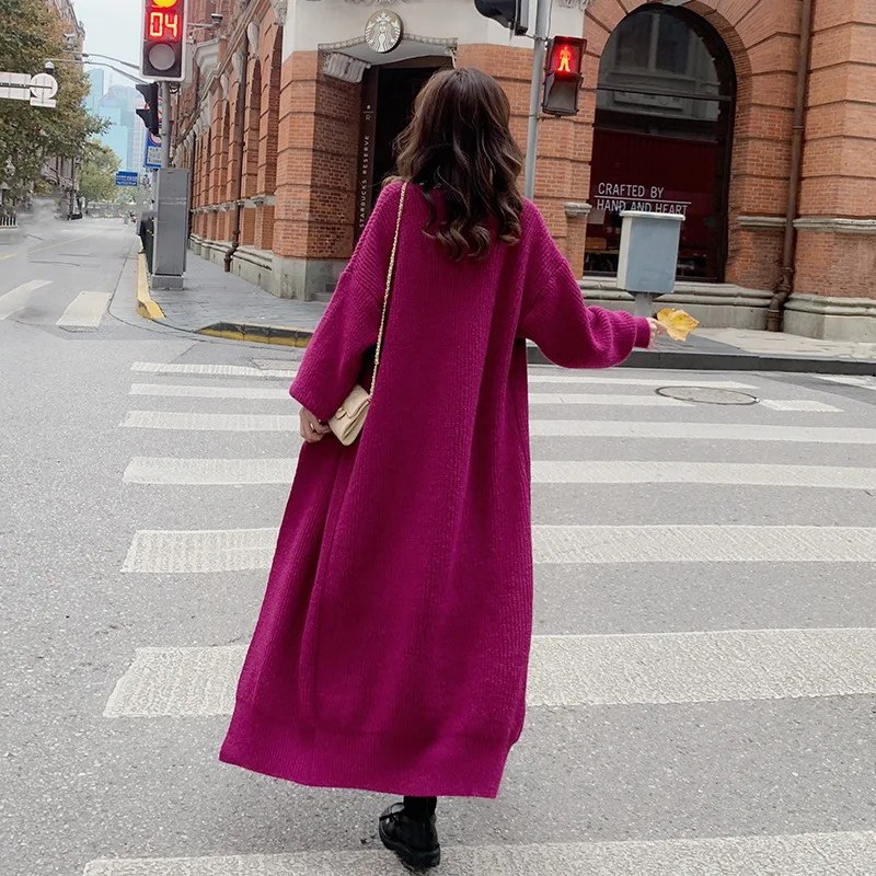 

Lugentolo Long Cardigan Women Knitted Sweaters Korean Fashion Loose Full Sleeves V-Neck Solid Color Fall Clothes for Women