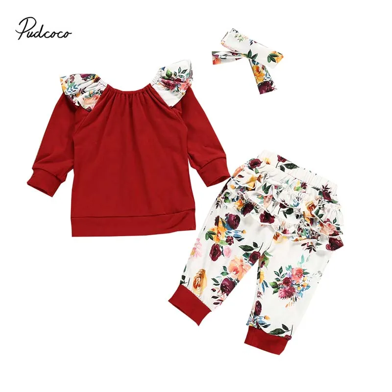 

2019 Brand Newborn Baby Girls Autumn Clothes Floral Pleated Tops Floral Ruffle Pants 3PCS Outfits Set Sweet Baby Clothing