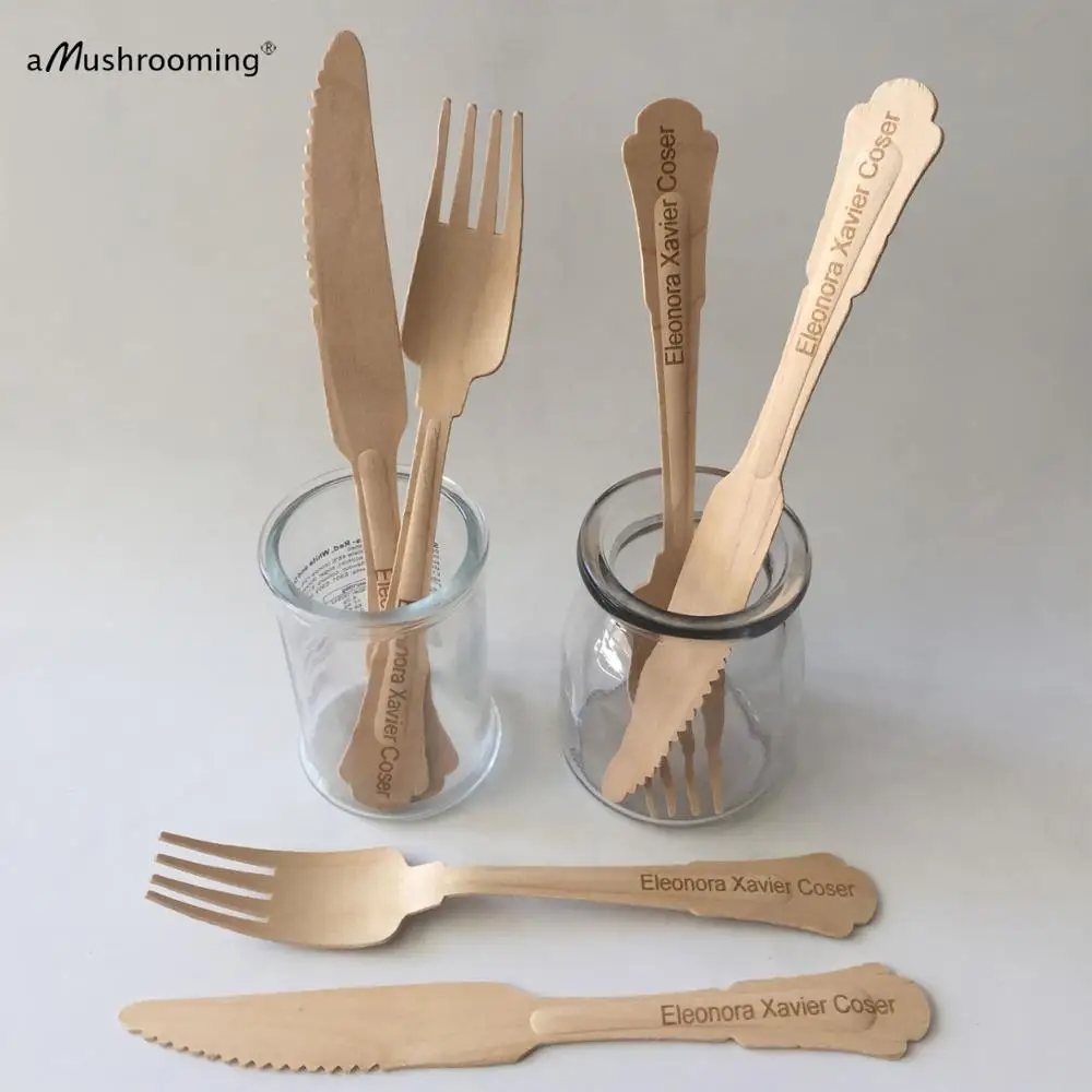 XL Disposable Cutlery Tableware Set Personalized Party Spoons Forks Knives 1940s Style 20cm Engraved Wood