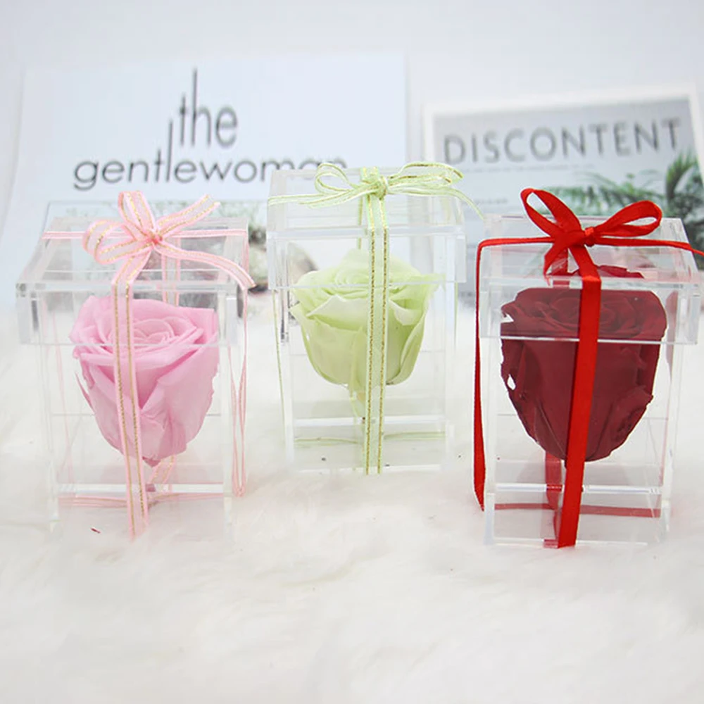 

Clear Acrylic Gift Boxes Artificial Rose Flower Box Florist Packaging With Lid Acrilico Trasparente Wedding Valentines Box Gifts