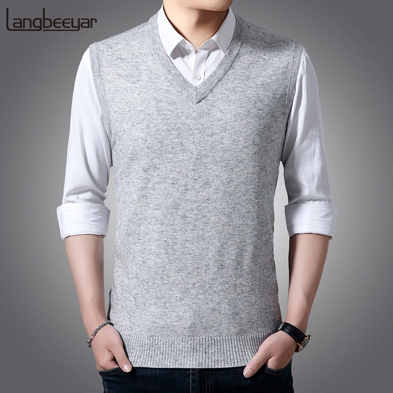 New Fashion Brand Sweater For Mens Pullovers Jumpers Knit Solid Color V Neck Slim Fit Autumn Vest Sleeveless Casual Clothing Men