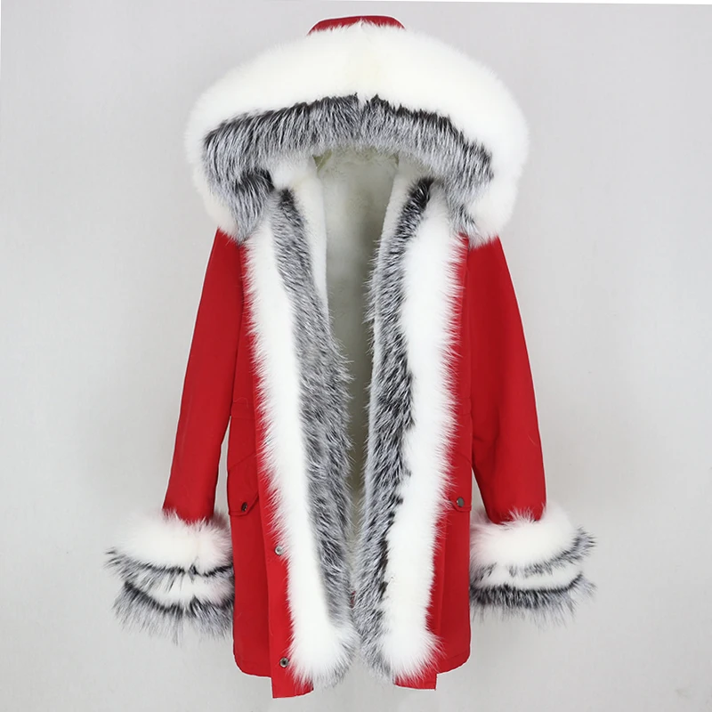 red silver OFTBUY, зимняя женская куртка, пальто из натурального меха, толстая, теплая, натуральный Лисий мех, воротник, капюшон, парка, верхняя одежда, подкладка из искусственного меха, уличная одежда, новинка - Цвет: red silver