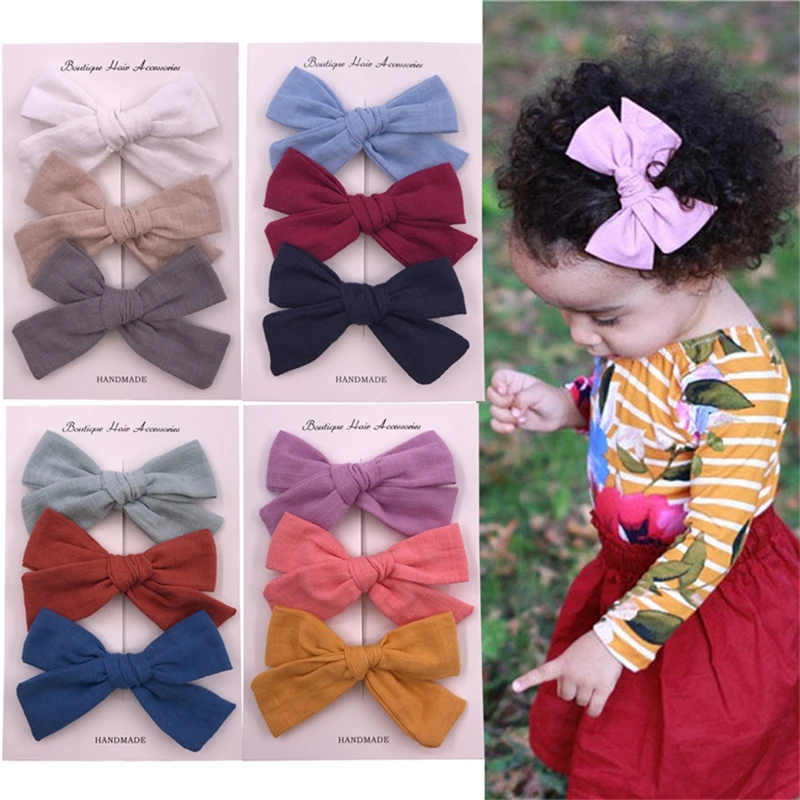 Set of 3 PCS 4 inch Piggytail Cotton Fabric Bow Clips Baby Girls Hair Clips Barrettes Headwear Big Hair Bow Accessories