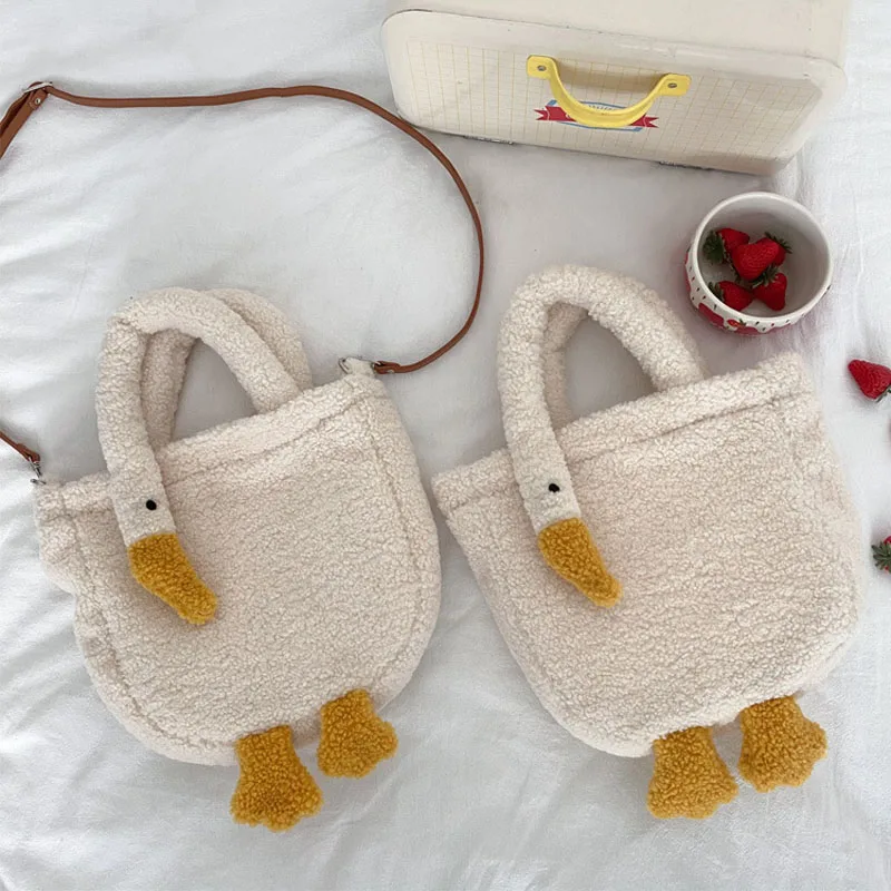 Yeqofcd Female Goose Imitation Cashmere Shoulder Bag Cute Girl Portable Adjustable Messenger Bags Plush Handbag |