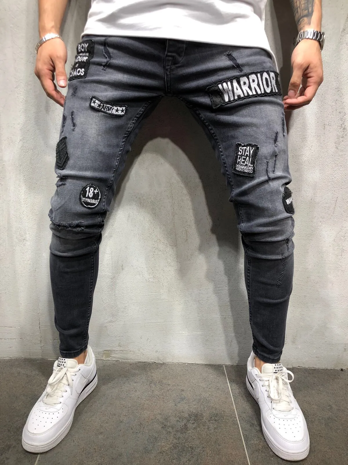 

new men's skinny jeans black hole badges cloth denim men's pants skinny jeans broken hole fashion pants