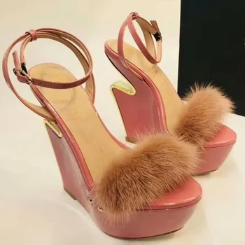 

Fluffy Sandals Women Slope Heels Genuine Leather Fur Decor Platform Super-high Shoes Women 2020 Fashion Luxury Brand Shoes Women