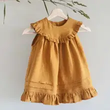 Весенне-летние платья из хлопка и льна для девочек, детское модное платье без рукавов в английском стиле, детская одежда оптом, 6 шт./лот