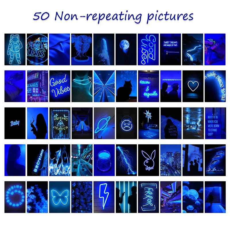 Colagens de Fotos Decorações de Parede para Adolescentes Kit de Colagem de Parede Fotos Estéticas Azul Neon Peças Azuis Mulheres Tendência 50 3 High Quality Brinquedos e hobbies