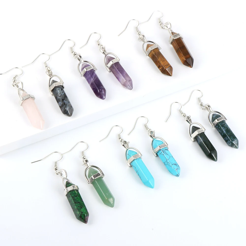 

2020 Fashion Boho Bullet Hexagonal Pendant Drop Earring For Women Reiki Chakra Natural Crystal Tiger Eye Stone Dangle Earrings