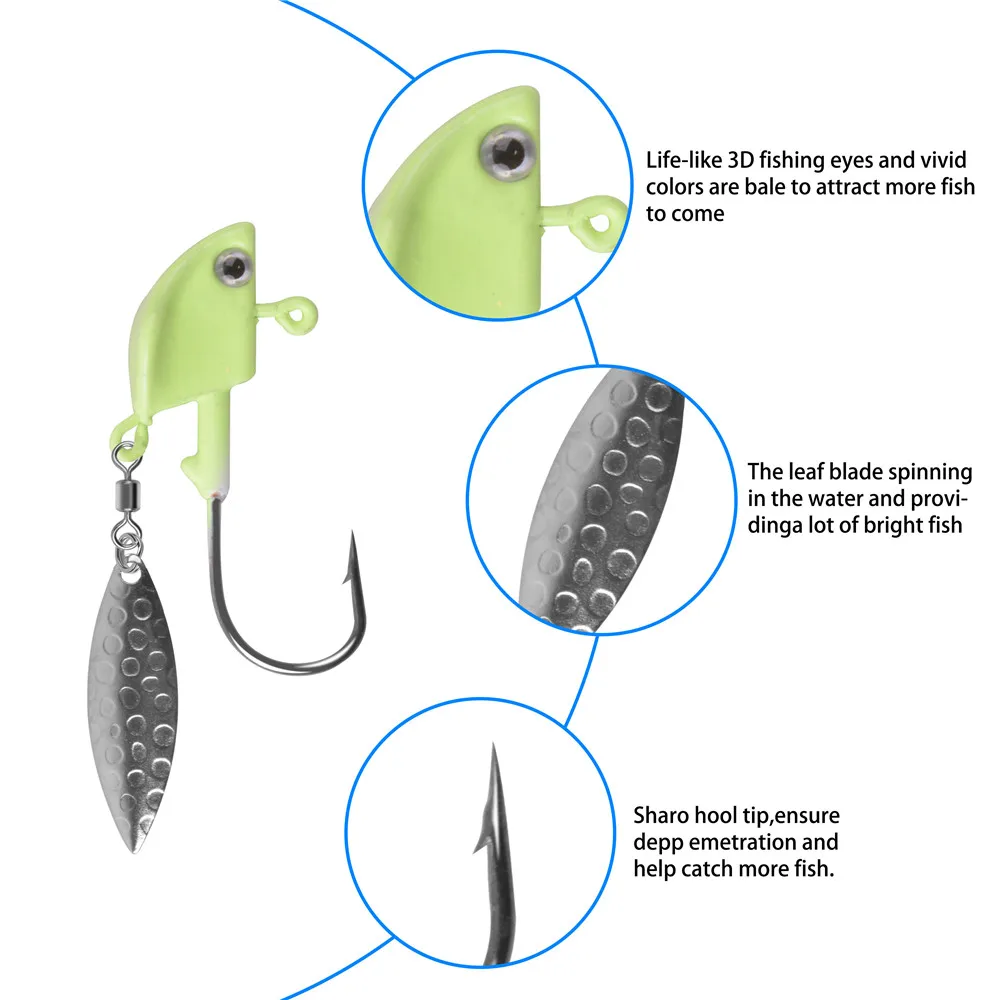 6Pcs Jig heads Fishing hooks 7g 10g 12g with Willow Blade Spinner