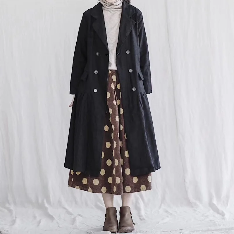 

2019 Autumn Large Size Solid Color Flax Suit Collar Long-sleeved Coat Women's Literature And Art Retro Linen Double Breasted Sui