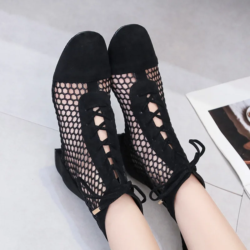 

Europe And America Sandal Boots Women's 2019 Summer New Style Mesh Breathable Fashion Mid-top Lace-up Rome Square Head Semi-high