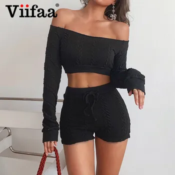 

Viifaa Long Sleeve Off Shoulder Crop Top and Drawstring Shorts Sexy Club Outfits Two Piece Set 2020 Women Autumn Sweater Sets