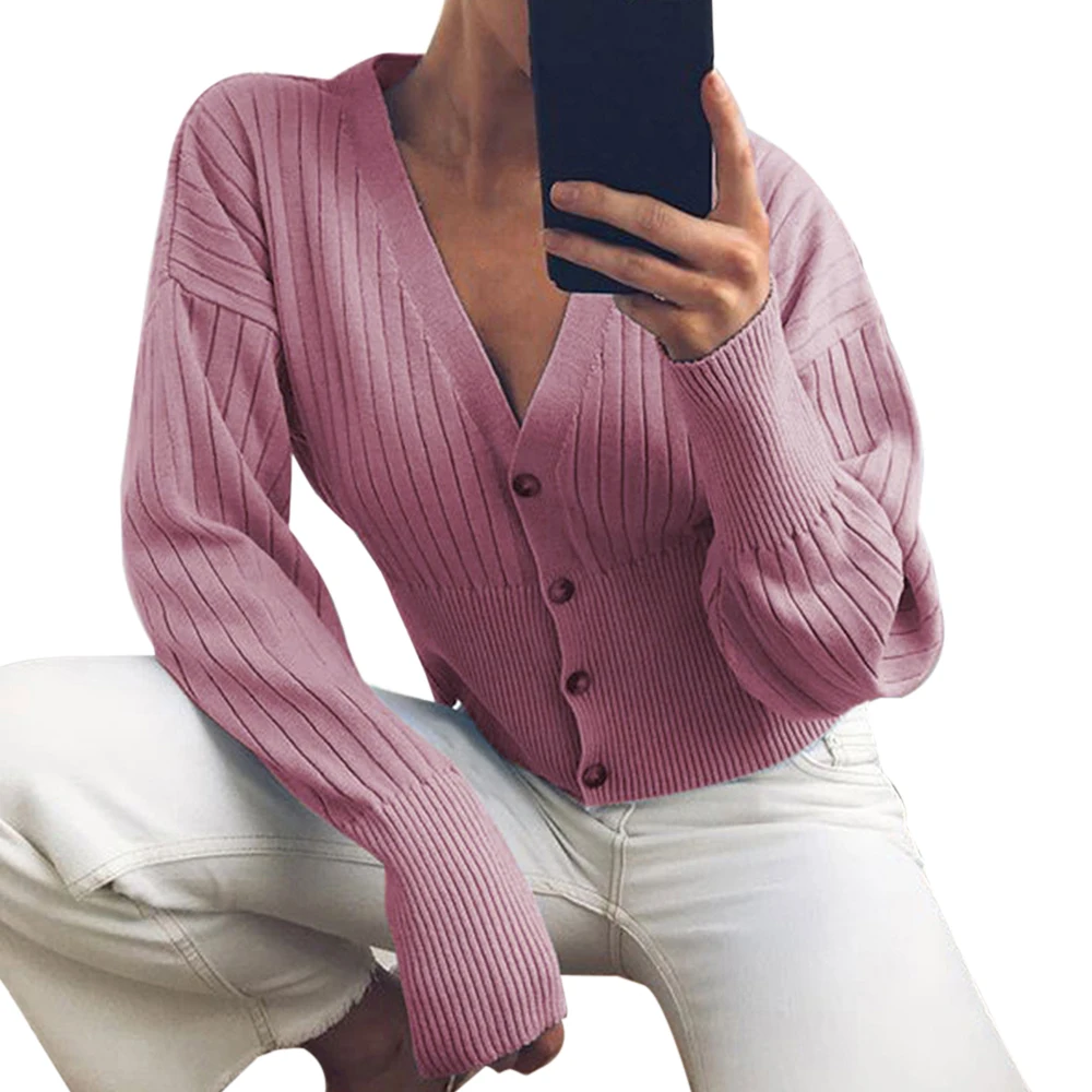 Ladies Knitted Coat V Neck Sexy Women Fashion Solid Color Button Down Long Sleeve Cropped Sweater Cardigan Casual Short Outwear |