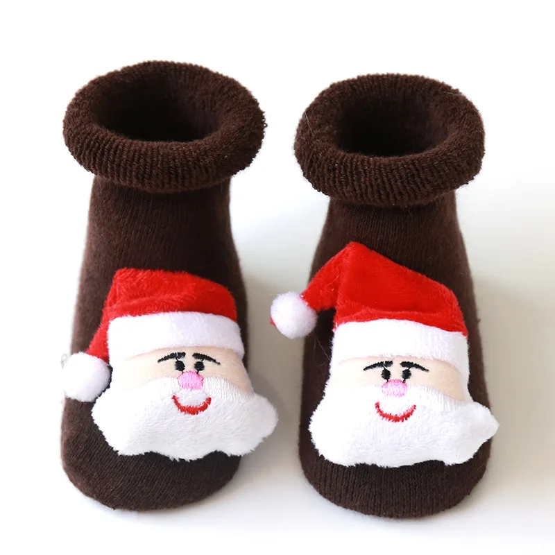 Хлопковые зимние носки для маленьких мальчиков и девочек, детские Носки с рисунком оленя, Санта Клауса, рождественские силиконовые Нескользящие носки-тапочки для детей 0-3 лет