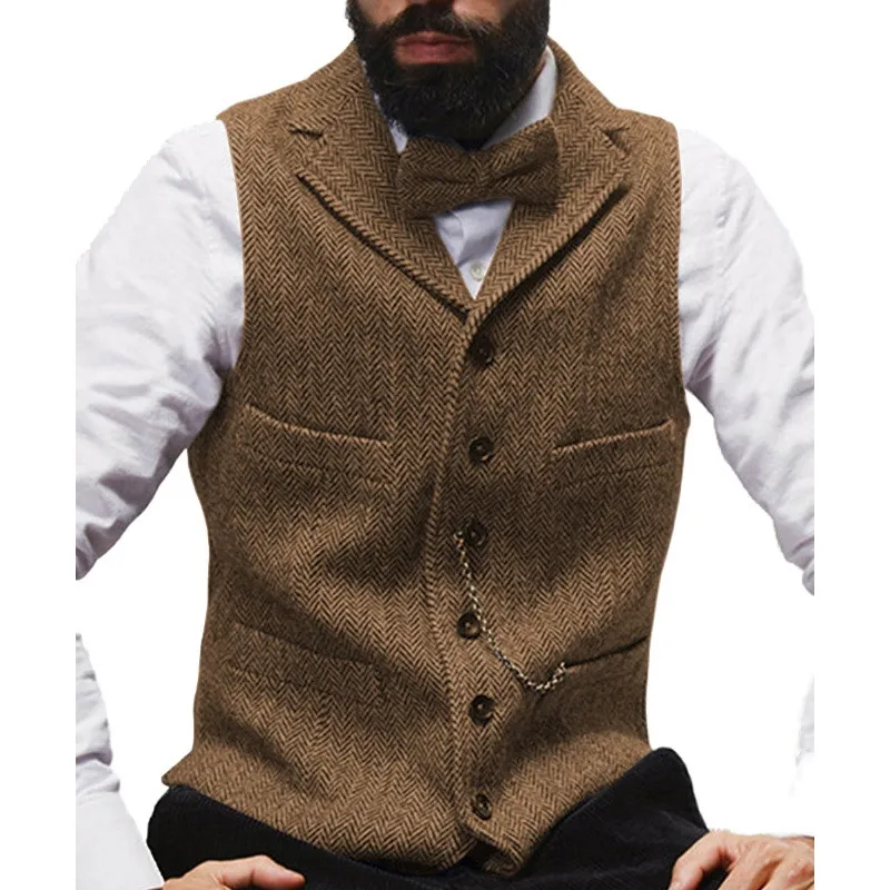 7.1     33Casual Gentleman Mens Suit Vest Lapel V Neck Wool Herringbone Waistcoat Casual Formal Business Jacket Groomsman For Wedding