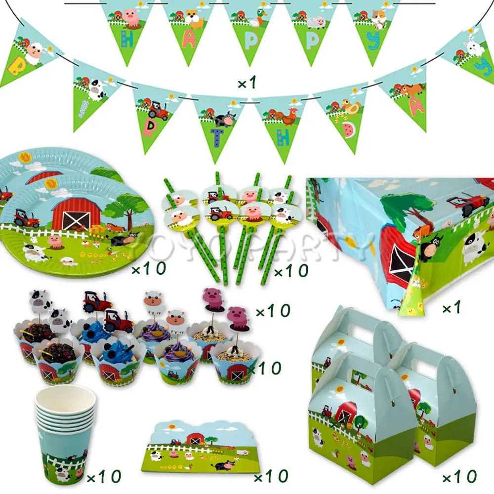 

72Pcs for 10kids Farm Animals Pig Cow theme birthday party supplie tableware set, plate+cup+straw+banner+tablecover ect
