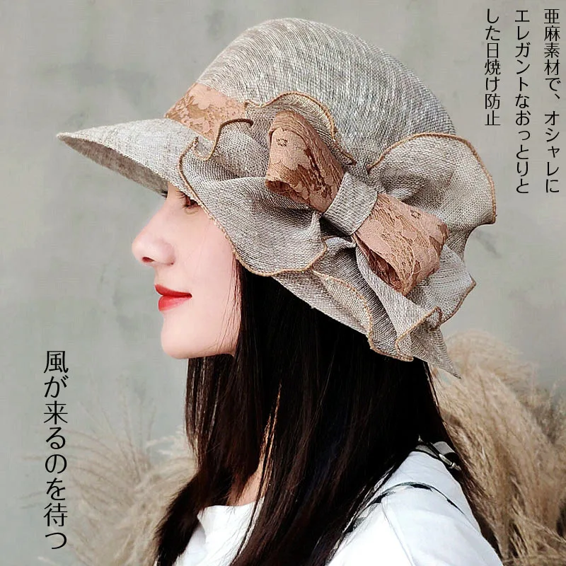 

Женская льняная шляпа-котелок, винтажная элегантная однотонная шляпа от солнца с цветочной лентой