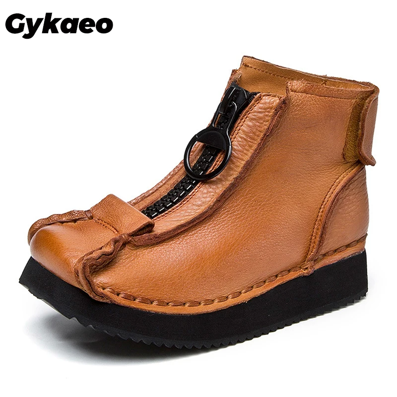 

Gykaeo Retro Leisure Ankle Boots for Women Zipper Thick Bottom Genuine Leather Martin Boot Lady Retro Winter Cowhide Warm Shoes
