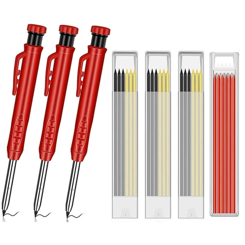 Carpenter Pencils with 24 Refills, Woodworking Tools Solid Deep Hole Pen Marking Tool for Woodworking Architects