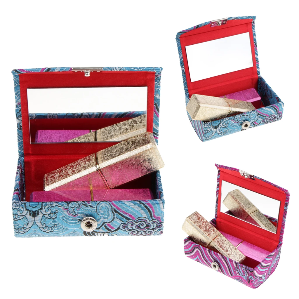 Retro Brocade Embroidered Chinese National Costume Design Lipstick Jewelry Case Holder Box With Mirror- Holds 2 Lipsticks