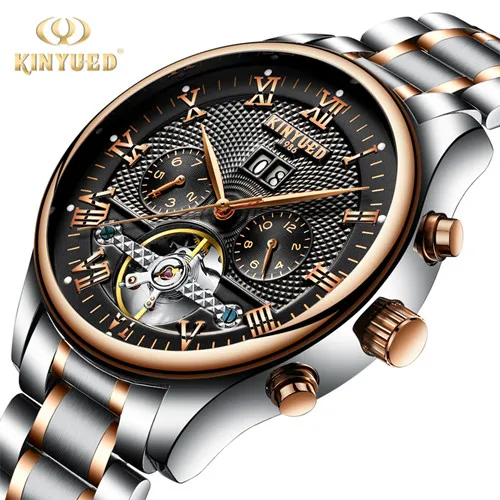 Механические Мужские часы KINYUED Skeleton Tourbillon, автоматические, классические, розовое золото, кожа, механические наручные часы, Reloj Hombre - Цвет: Gold black KJ012 ste