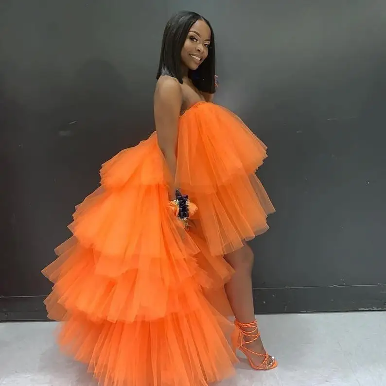 

Fashion Party Wear Orange Puffy Woman Summer Dresses 2020 Hi-Lo Tiered Ruffles Sweet Girls Strapless vestidos Formal Prom Gowns