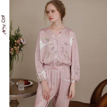 

2020 Autumn Ladies Pajamas, Satin Collarless, Clock Print Long Sleeves, Home Wear, Comfortable Viscose Fiber Plus Size Pajamas
