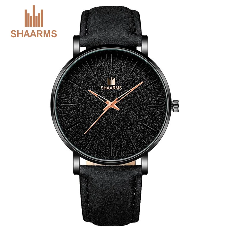 Мужские Простые часы SHAARMS из нержавеющей стали с кожаным ремешком кварцевые