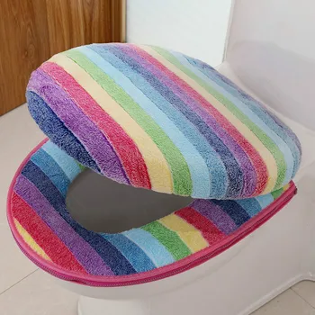 

2019 Toilet Seat Cover Closestool Mat Pad Coral Velvet Seat Cover Colorful Zipper Toilet Case Soft Bathroom Accessories 1Set