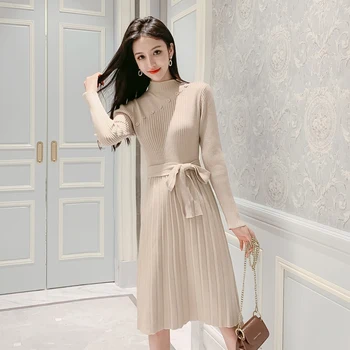 

Slim Long Sweater Women Pullover Ruched Turtleneck Knitting Sweater Female Jumpers solid sweater Dress Autumn Winter