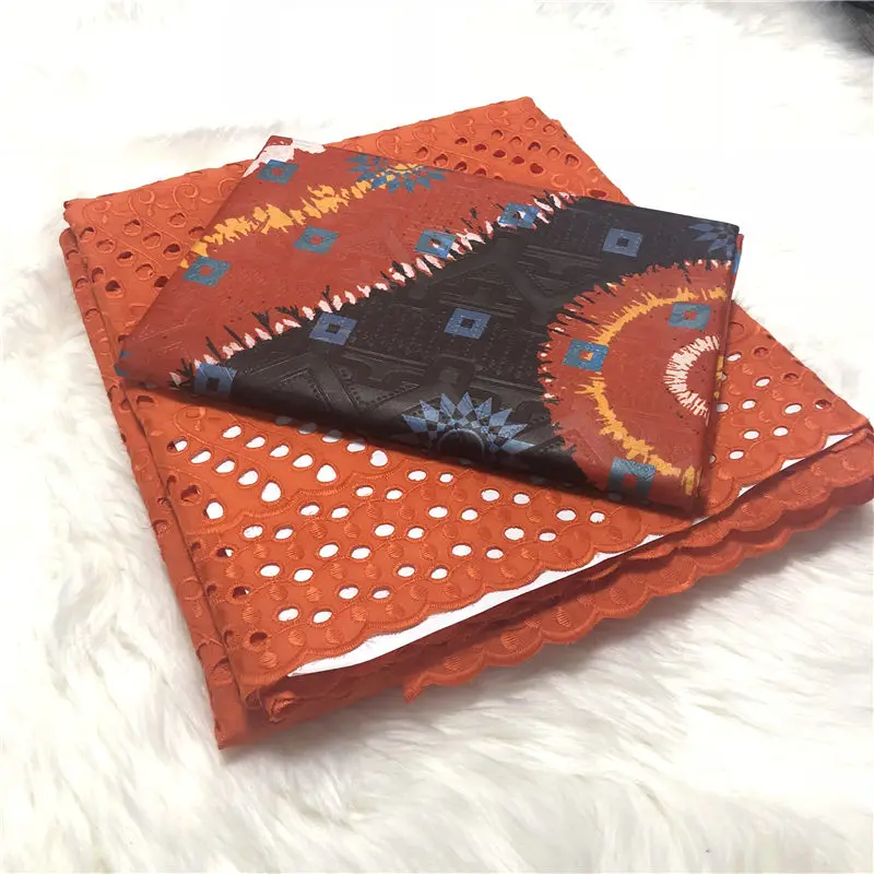 

5yards African Bazin Riche Brode Fabric with 2.5yards Swiss Voile Lace Orange Guinea Brocade Lace Fabric for Dress-ABS 30