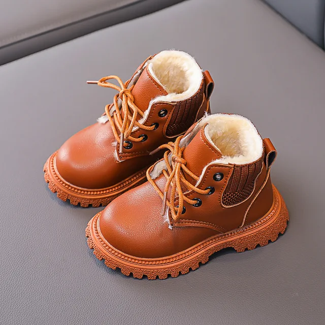 BJYL Kids Shoes for Girl Martin Boots Baby Boys Shoes Children Fashion Booties Leather Soft Bottom Non-slip Toddler Girls Boots Brown 02(with plush)