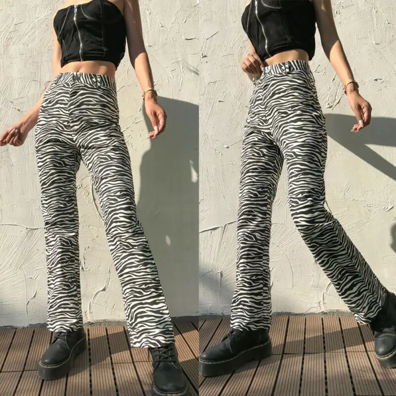Fashion Zebra Pattern Women Pants High Waist Wide Leg Pants Button Long Trousers Bell Bottom Black White Casual Sports Pants Fashion Zebra Pattern Women Pants High Waist Wide Leg Pants Button Long Trousers Bell Bottom Black White Casual Sports Pants